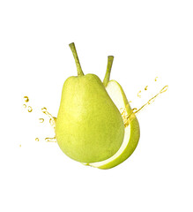 Wall Mural - Fresh green pear fruit with juice splashing isolated on white background.