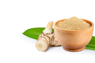 Wall Mural - Fresh galangal (Alpinia galanga) with herbal powderisolated on white background.