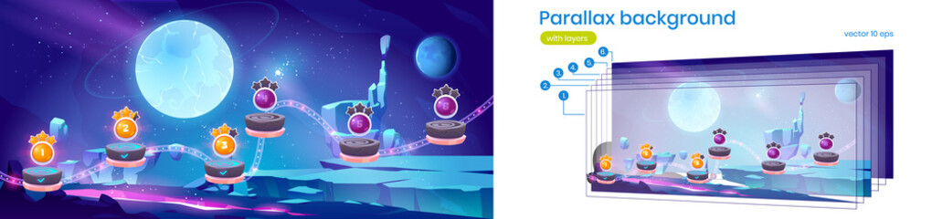 Poster - space game level map with complete stages with gold stars and alien planet landscape. vector paralla