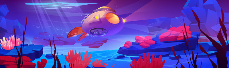 Underwater sea landscape with submarine, aquatic plants and animals. Vector cartoon illustration of ocean bottom with bathyscaphe with propeller and light, seaweed and actinias