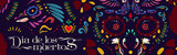 Fototapeta Pokój dzieciecy - Dia de los Muertos poster with fancy pattern of skull with flowers, hearts and birds on black background. Vector banner of Day of Dead in Mexico with cartoon illustration of traditional mexican print