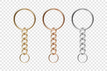 Vector 3d Realistic Metal Golden, Silver Chain Keychain, Ring Icon Set Closeup Isolated. Stainless Steel Chains, Chains Key Holder Design Template. Key Rings