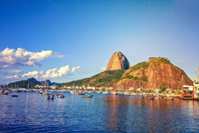 Berth, Port With Boats, Shallops And Urku Mountains And Sugar Loaf. Guanabara Bay, A Creek On The Shores Of The Atlantic Ocean. Brasilia, Rio De Janeiro