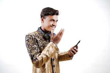 Sticker - Indian man in ethnic wear showing mobile screen, An isolated background