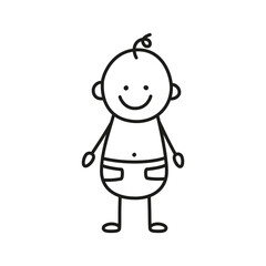 Wall Mural - Happy doodle baby in a diaper. Hand drawn figure of small child. Little toddler. Vector illustration isolated in doodle style on white background.