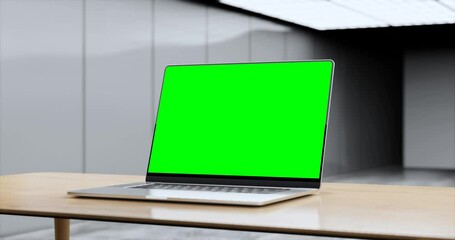 Wall Mural - laptop with green screen rotating on desk – chroma key mockup animation, 4k 60fps with alpha matte