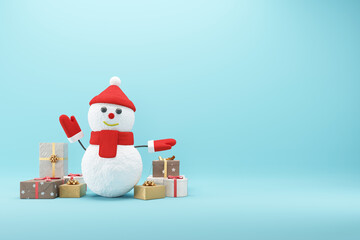 Fototapete - Snowman raise hands up with gift box on Blue background. Concept santa claus Christmas Festive. Minimal idea concept Christmas. 3D Render.