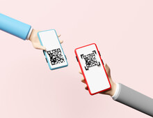 Hand Holding Mobile Phone,smartphone With Qr Code Scanner Isolated On Pink Background.cashless Payment ,online Shopping Concept,3d Illustration,3d Render