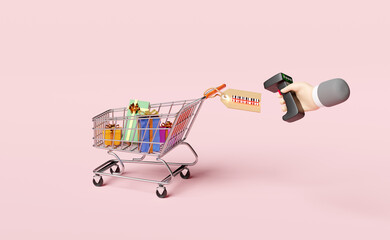 shopping cart with gift box,businessman hands holding barcode scanner,price tags isolated on pink background,concept 3d illustration or 3d render