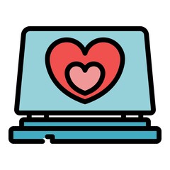 Poster - Love heart laptop icon. Outline love heart laptop vector icon color flat isolated