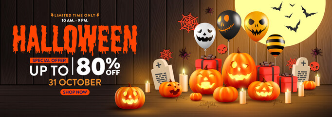 Wall Mural - Halloween Sale Promotion Poster or banner with Halloween Ghost Balloons and Pumpkin. Scary air balloons,bat and Halloween Elements. Website spooky,Background or banner Halloween template.