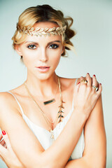 Poster - young blond woman dressed like ancient greek godess, gold jewelry close up isolated, summer trends