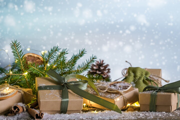 Wall Mural - christmas gift zero waste, eco friendly hand made box packaging gifts in kraft paper wooden table, e