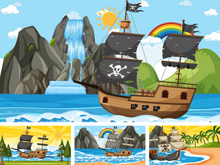 Wall Mural - Set of Ocean with Pirate ship at different times scenes  in cartoon style