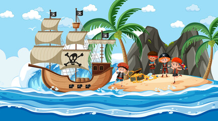 Wall Mural - Treasure Island scene at daytime with Pirate kids