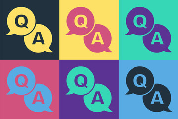 Aufkleber - Pop art Speech bubbles with Question and Answer icon isolated on color background. Q and A symbol. FAQ sign. Chat speech bubble and chart. Vector