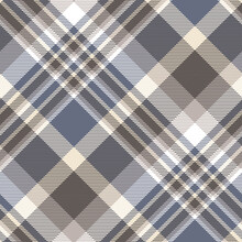 Seamless Plaid Check Pattern In Blue, Brown, White And Beige. All Over Diagonal Repeat. 