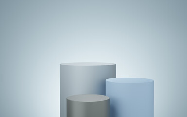 Wall Mural - 3 Empty gray and blue cylinder podium floating on white copy space background. Abstract minimal studio 3d geometric shape object. Pedestal mockup space for display of product design. 3d rendering.