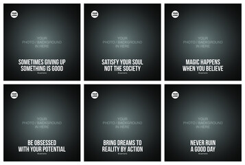 Six motivational quotes template set with white text and dark vignette background.