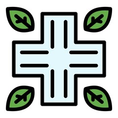 Poster - Medical cross and leaves icon. Outline medical cross and leaves vector icon color flat isolated