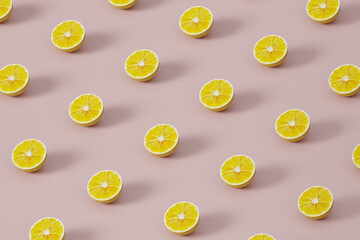 3D render, pattern of lemon halves on a pink background. Minimum food concept. Banner or icon, wallpaper for web