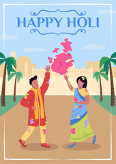 Poster - Happy Holi poster flat vector template. Couple dancing with gulal. Brochure, booklet one page concept design with cartoon characters. Celebrating holiday flyer, leaflet with copy space