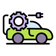 Poster - Car with gear and plug icon. Outline car with gear and plug vector icon color flat isolated