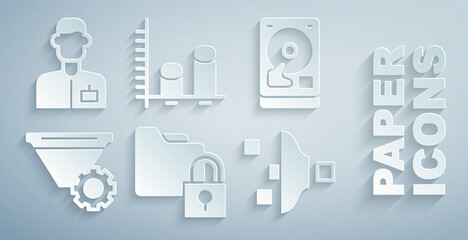 Poster - Set Folder and lock, Hard disk drive HDD, Filter setting, Data analysis and Analyst engineer icon. Vector