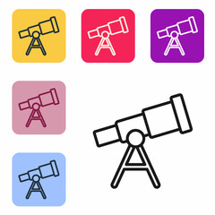 Poster - Black line Telescope icon isolated on white background. Scientific tool. Education and astronomy element, spyglass and study stars. Set icons in color square buttons. Vector