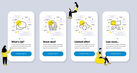 Poster - Set of Education icons, such as Group, Cloud sync, Messenger icons. UI phone app screens with people. Meeting line symbols. Managers, Document storage, Speech bubble. Team business. Vector
