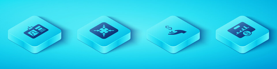 Poster - Set Isometric Identification badge, Target, Key performance indicator and Hand holding coin money icon. Vector