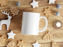 White Mug With Christmas Gingerbread Cookies On Table, Cup Mockup