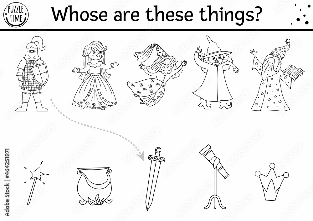 Black and white fairytale matching activity with cute characters. Magic ...