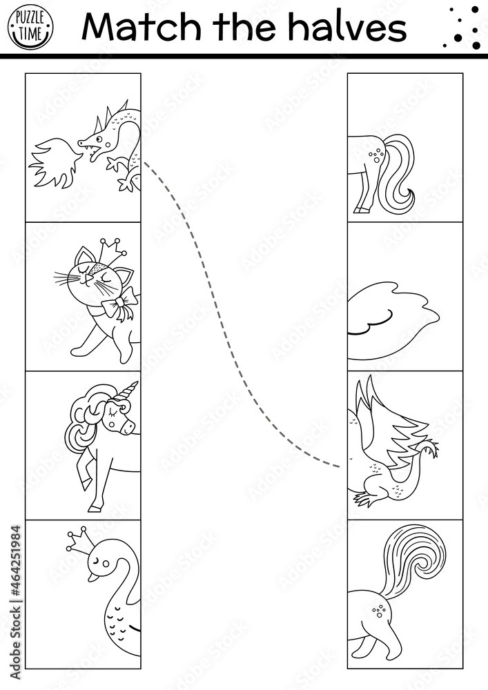 Black and white fairytale connect the halves worksheet. Matching game ...