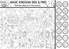 Vector Black And White Fairytale Searching Game With Medieval Castle Landscape. Spot Hidden Objects In The Picture. Simple Fantasy Seek And Find Magic Kingdom Printable Activity Or Coloring Page.
