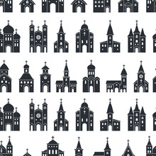 Church Black Icon Background. Flat Seamless Pattern Of Church Icons. Vector Illustration Religion Architecture Building Silhouette On White Background. Urban Elements 
