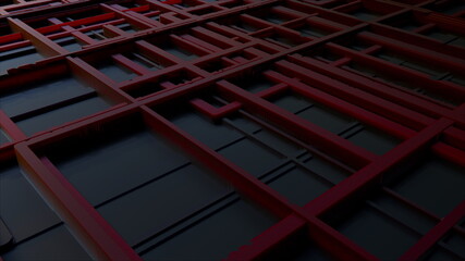 Poster - Longitudinal and crossed 3d render textures in shiny gradient style. Random intertwining roads in endless maze. Surface of ancient alien ship with energy flow diagram.