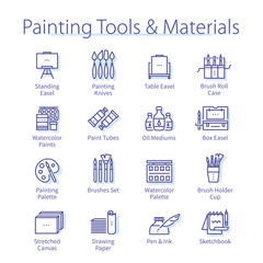 Painting tools and materials pack. Paints, easel