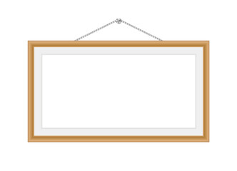 Wall Mural - Vector realistic wooden Photo frame hanging on a rope. Horizontal size on a white background. Mockup for photos or pictures. Blank template for design. Front view. EPS10. 