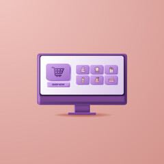 Wall Mural - Desktop computer online shopping eccomerce design with 3d icon element woman make up fashion for marketing and business