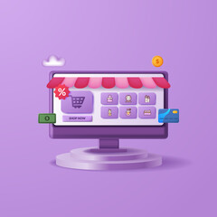 Wall Mural - Desktop computer online shopping eccomerce design with 3d icon element woman make up fashion and cylinder podium stage display for marketing and business