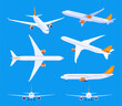 Airliner set vector illustration. Collection flying airplane side, front back view transportation