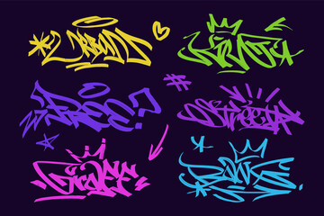 Wall Mural - multicolored graffiti  with letters, bright colored lettering tags in the style of graffiti street art. Vector illustration