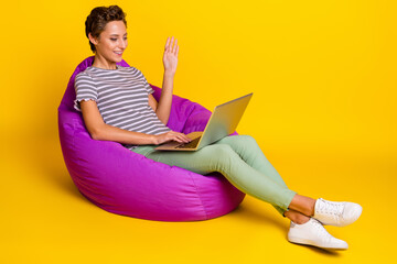 Poster - Full length photo of funny young lady sit on bag wave laptop wear t-shirt jeans shoes isolated on yellow background