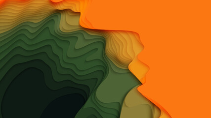 Green to orange paper layers. 3D abstract gradient papercut. Colorful origami shape concept