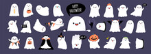 Big Collection Of Cute Happy Ghosts With Different Emotions And Face Expressions. White Scary Spirits In Cartoon Style. Cute Baby Ghosts For Halloween Party