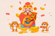 Laughing God of Wealth holds a scroll in his hand, two cute mice holding gold coins and red envelopes in his hands, Chinese translation: The God of Wealth is here
