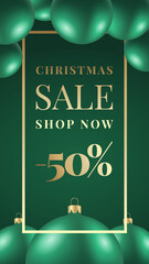 Wall Mural - Christmas Stories Vector Advertising Card or Poster. Season Promo Background with Realistic Baubles and Sale Text Copy Space . New Year Winter Holidays Discount Story Decoration Template