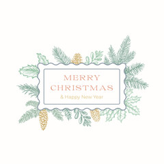 Wall Mural - Christmas Colorful Abstract Botanical Greetings Label with Rectangle Pine Spruce Frame Banner and Modern Typography. Pastel Colors Winter Holidays Layout. Isolated