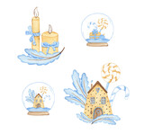 Fototapeta Młodzieżowe - Watercolor illustration of winter details. Hand draw winter scenes with cute house, candle, candy, branch. Illustration for postcard, souvenirs, stickers